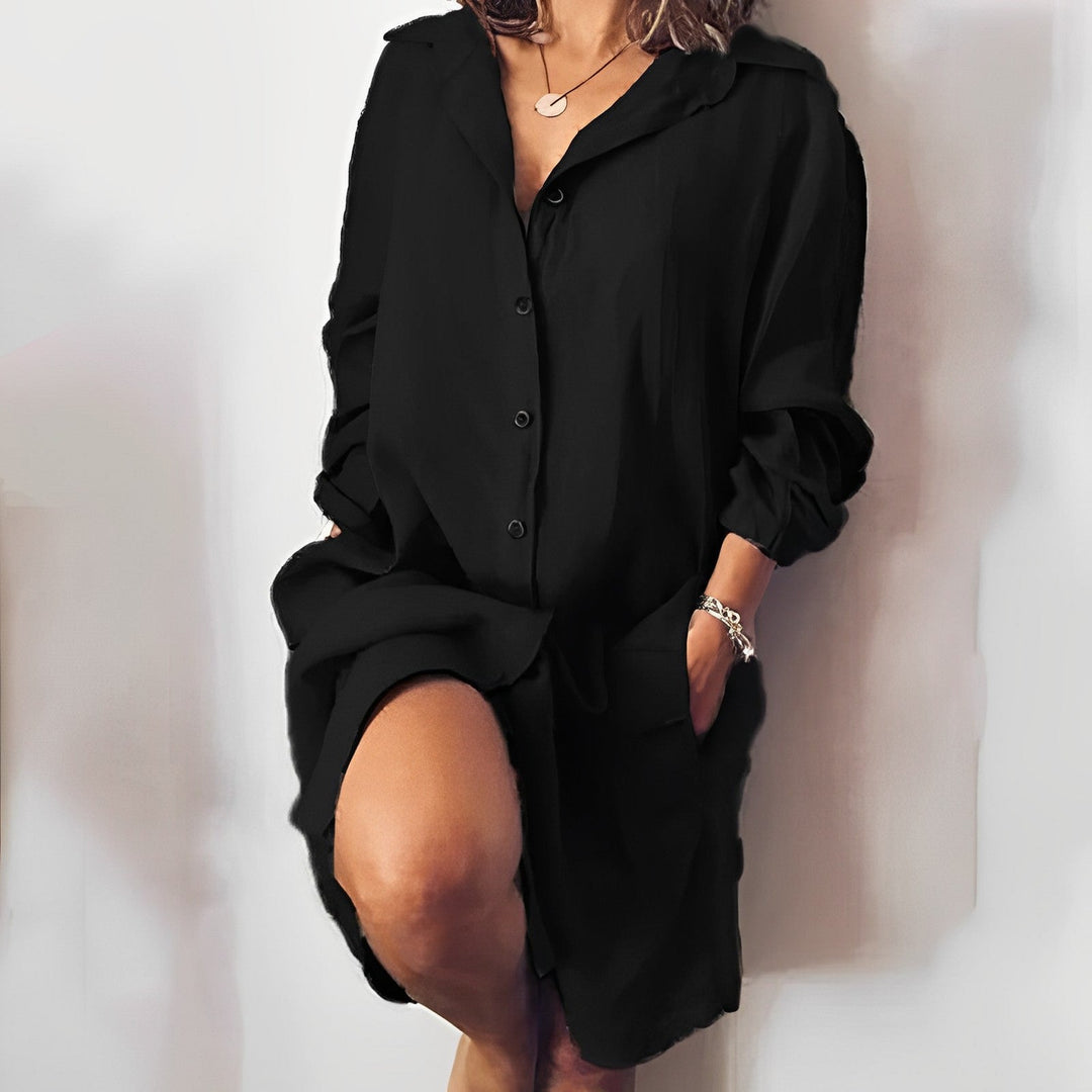 Women’s Blouse – Relaxed Fit – Natural Fibers – Long Sleeve – Button Front – Mid-Thigh