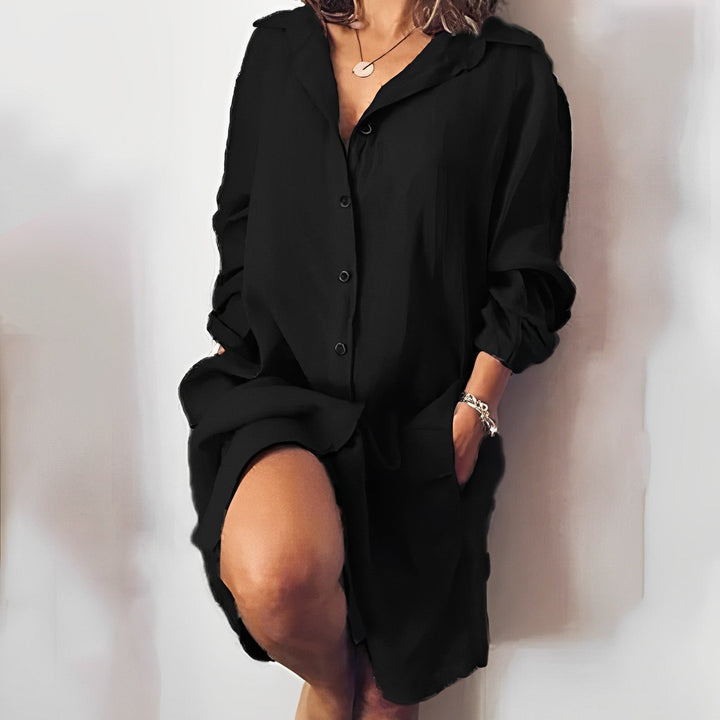 Women’s Blouse – Relaxed Fit – Natural Fibers – Long Sleeve – Button Front – Mid-Thigh