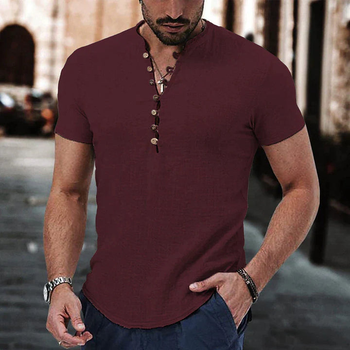 Men’s Henley Shirt - Lightweight Breathable Fabric - Short Sleeve Casual Wear