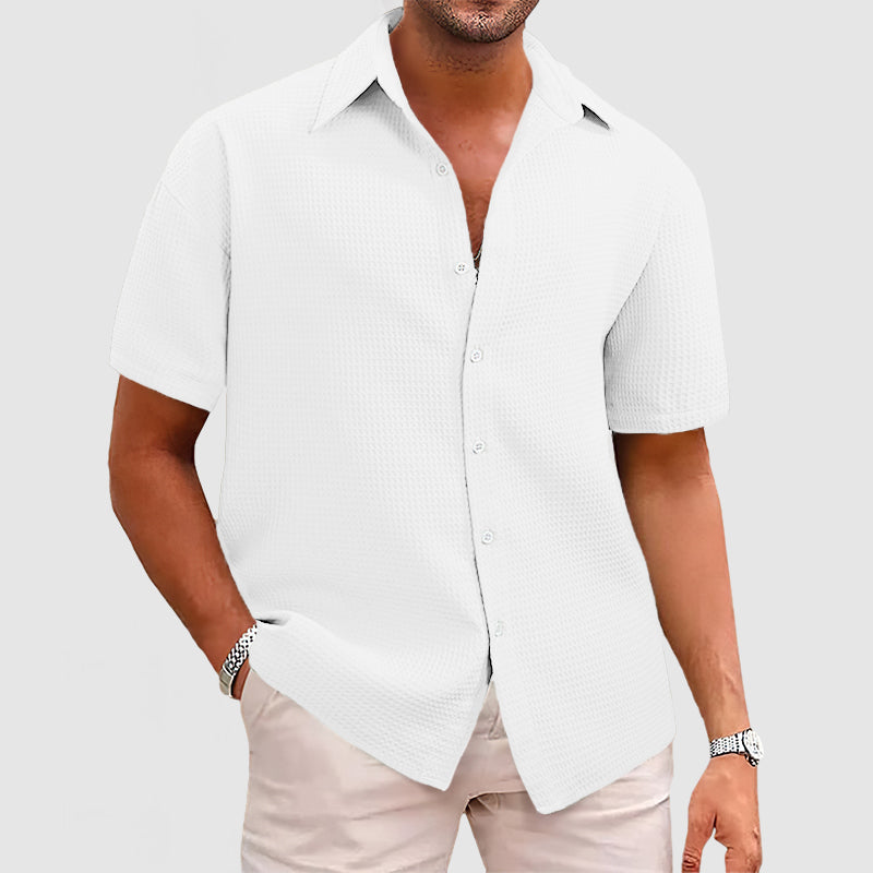 Men’s Short Sleeve Shirt - Relaxed Fit - Soft Waffle Knit - Button-Up Casual Style