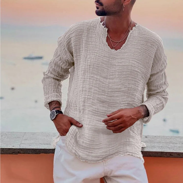 Men’s V-Neck Shirt – Relaxed Fit – Long Sleeve – Crinkled Texture – Breathable Blend
