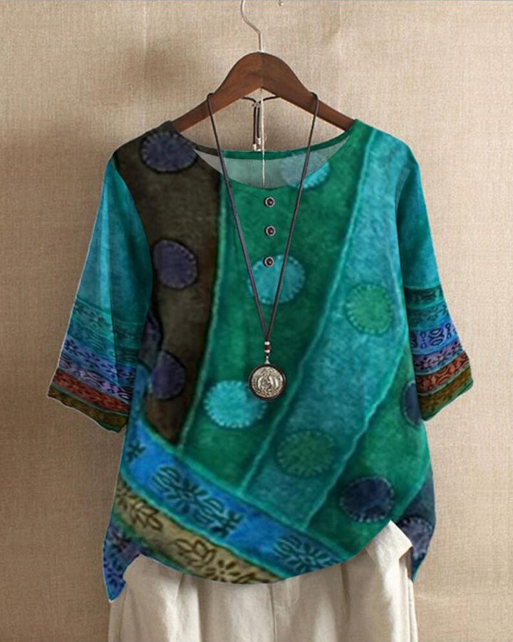 Women’s Boho Top – Relaxed Fit – Natural Fibers – 3/4 Sleeve – Button Front Casual Wear