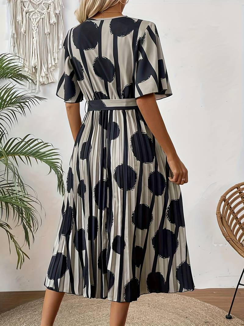 Women's Midi Dress - Polka Dot Print - V-Neck Wrap Style - Belted Waist - Pleated Skirt