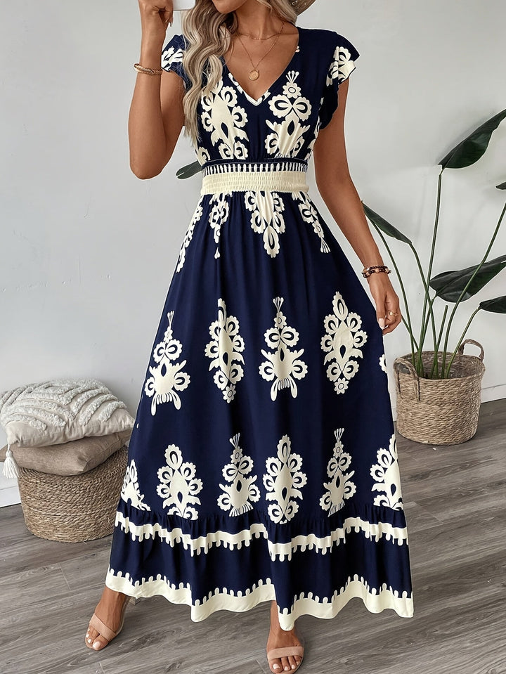 Women's Maxi Dress - V-Neck - Cap Sleeve - Smocked Waist - Flowing Elegant Fit