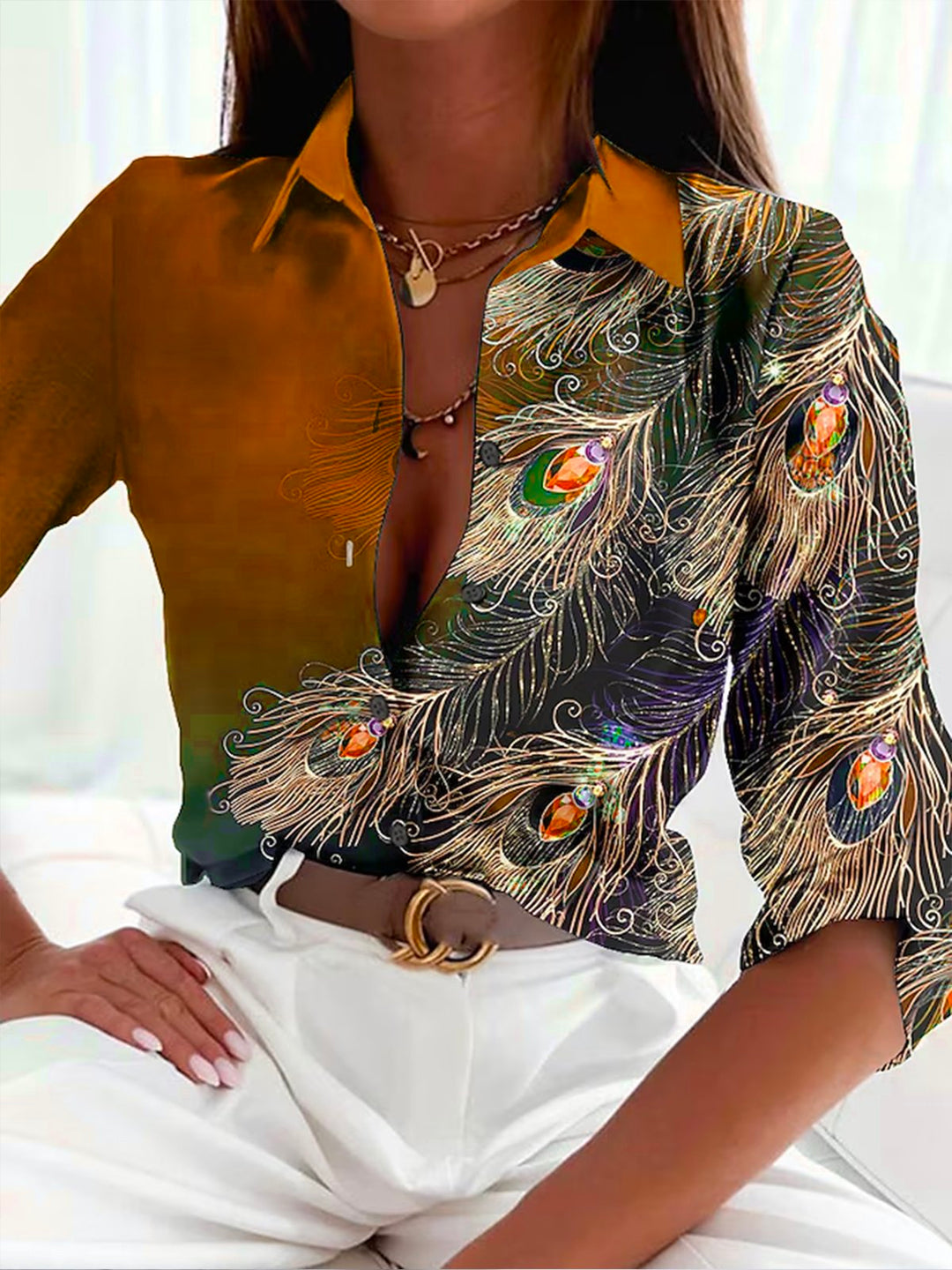Women’s Blouse – Fitted Silhouette – Luxury Fabric – Feather Print – Button-Down Style