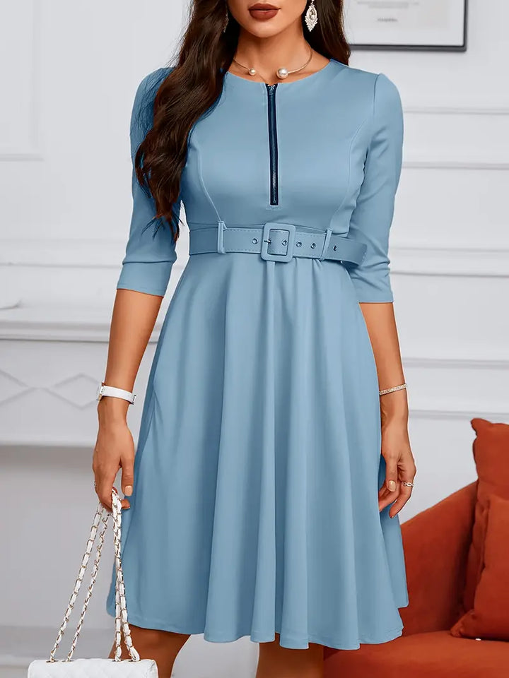 Women's Knee-Length Dress - Fit and Flare - 3/4 Sleeve - Zippered Neckline - Belted