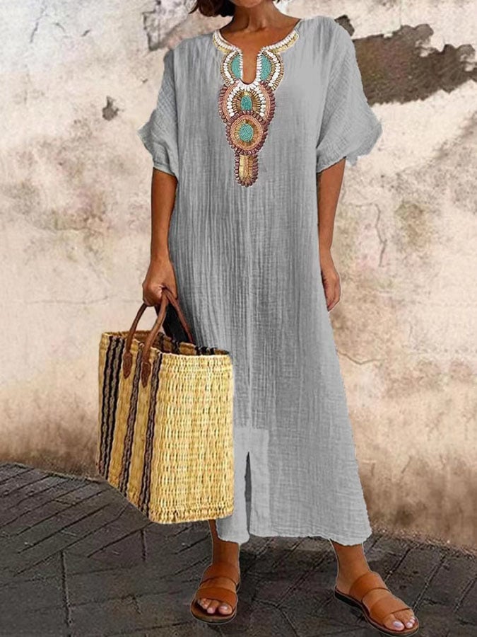 Women’s Kaftan Dress – Relaxed Fit – Embroidered Neckline – Breathable Blend Fabric