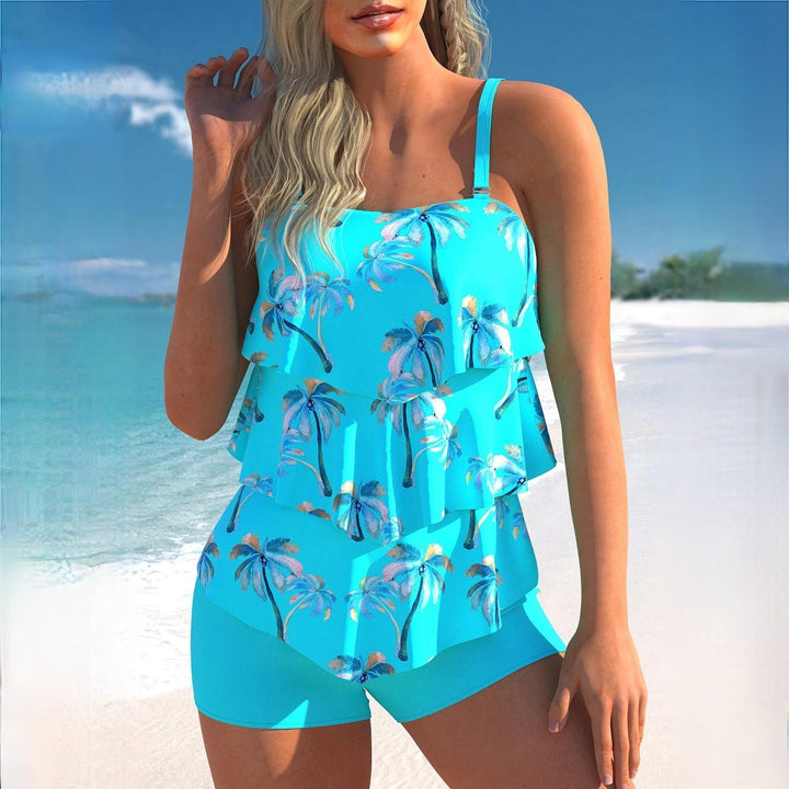 Women’s Tankini Set – Relaxed Fit – Layered Ruffle Top – Adjustable Straps – Full Coverage Swim Shorts