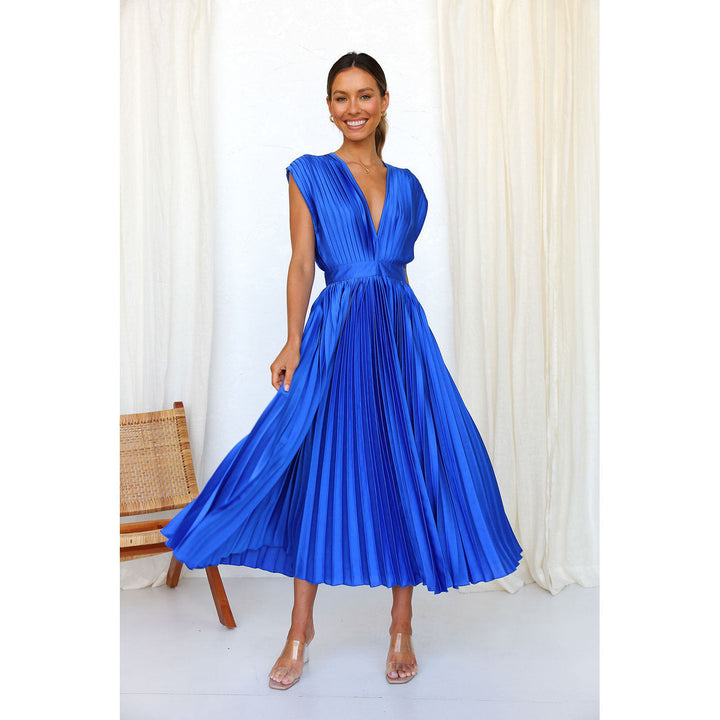 Women's Midi Dress - Deep V-Neck - Pleated Design - Cap Sleeves - Elegant Fit