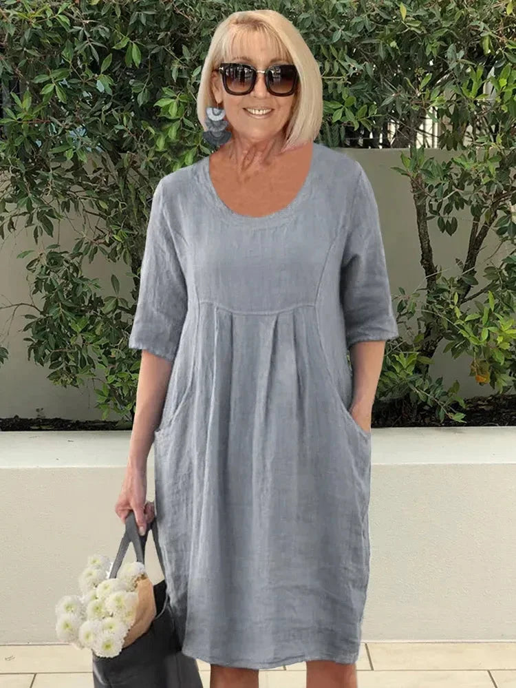 Women's Midi Dress - Natural Fibers - Relaxed Fit - Scoop Neck - Elbow Sleeve - Pockets