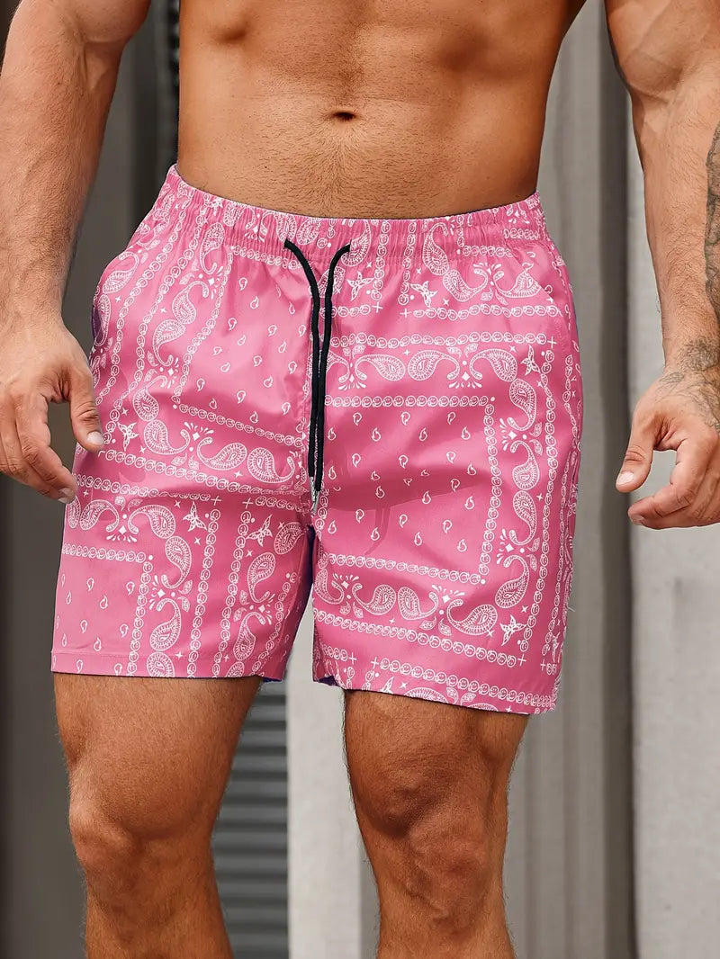 Men’s Swim Shorts - Mid-Thigh Length - Relaxed Fit - Bandana Print