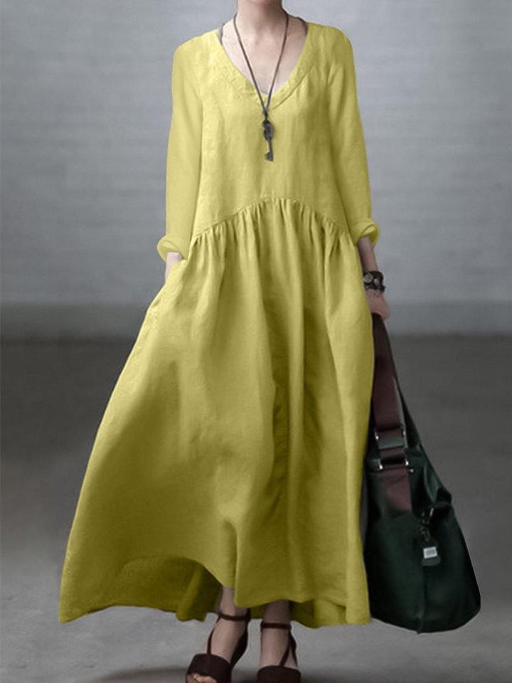 Women’s Maxi Dress – Natural Fibers – Relaxed Fit – V-Neck – Long Sleeve Casual Wear
