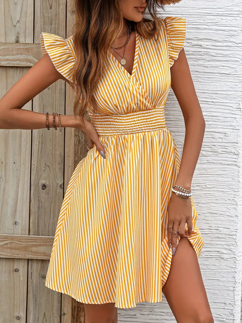 Women's A-Line Dress - Striped Pattern - V-Neck - Ruffled Cap Sleeves - Fitted Waist