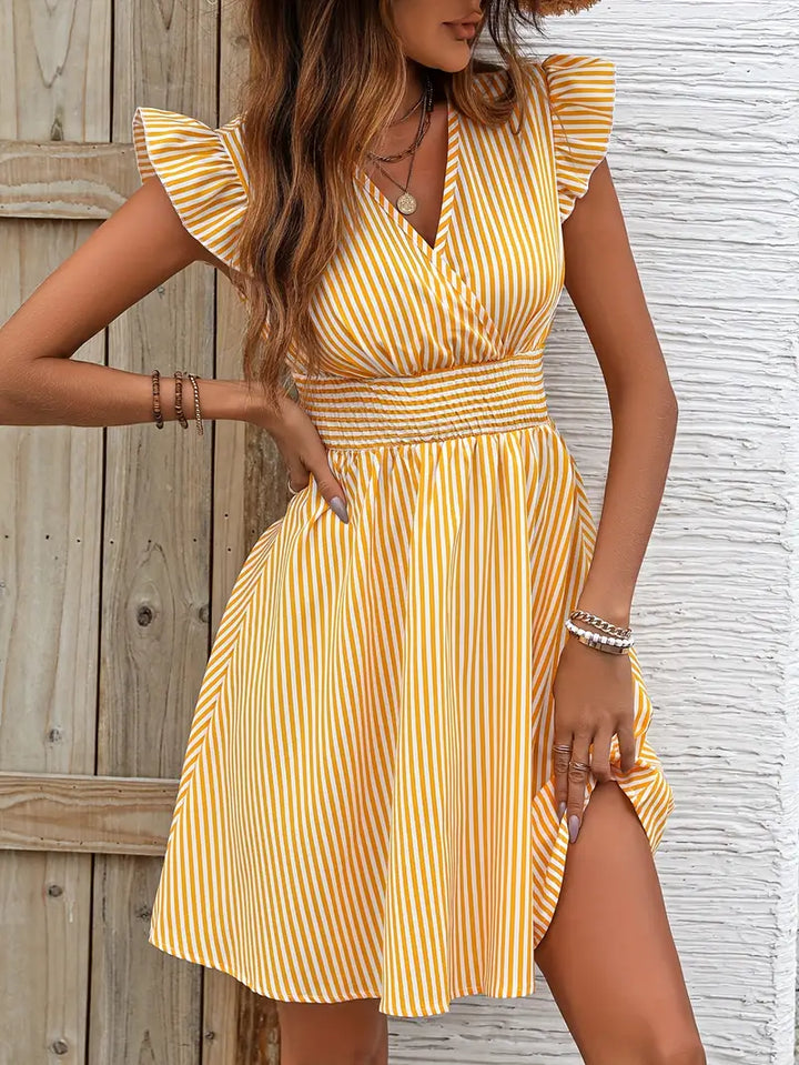 Women's A-Line Dress - Striped Pattern - V-Neck - Ruffled Cap Sleeves - Fitted Waist