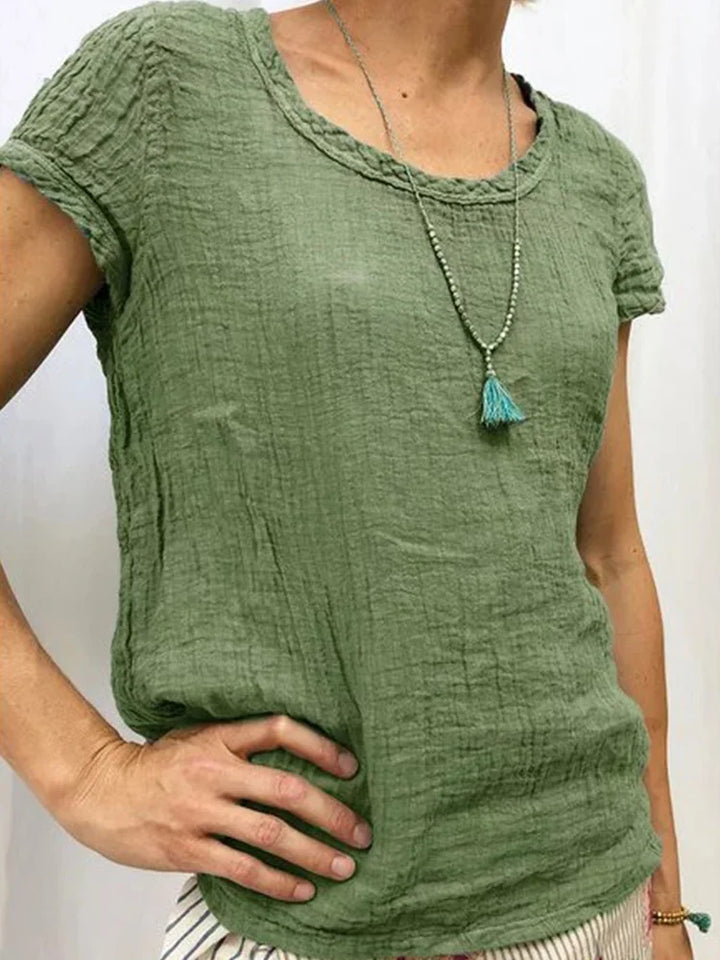 Women’s Casual Tee – Relaxed Fit – Crinkled Texture – Short Sleeve Breathable Blend