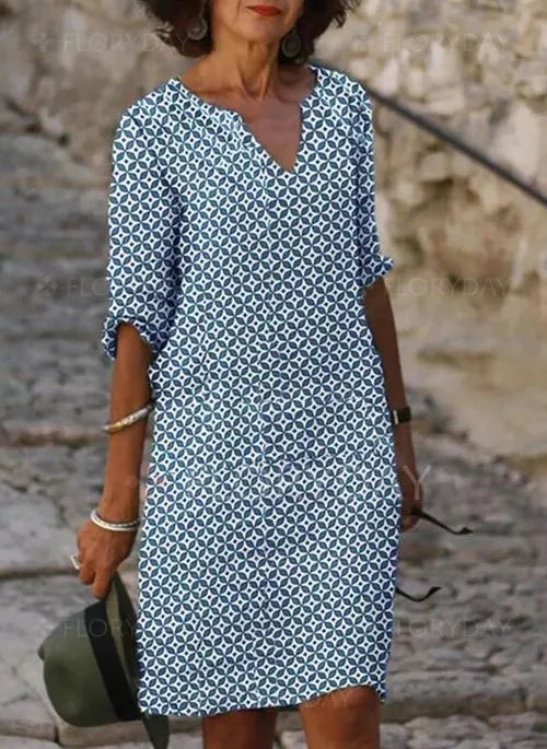Women’s Knee-Length Dress – Relaxed Fit – V-Neck – 3/4 Sleeve – Geometric Print – Breathable Blend
