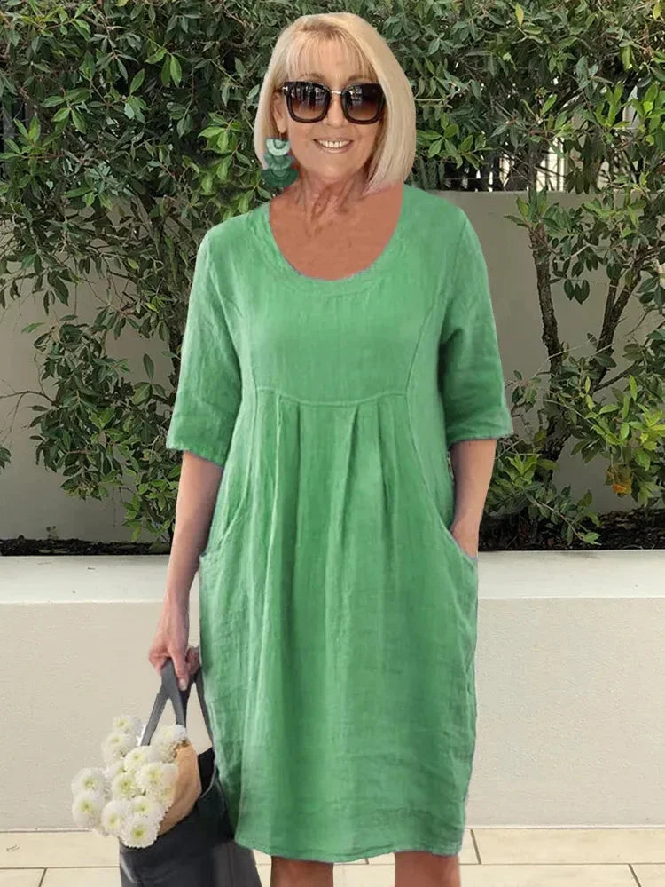 Women's Midi Dress - Natural Fibers - Relaxed Fit - Scoop Neck - Elbow Sleeve - Pockets