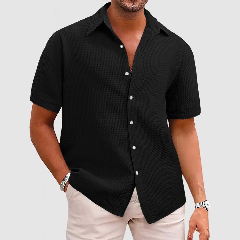 Men’s Short Sleeve Shirt - Relaxed Fit - Soft Waffle Knit - Button-Up Casual Style