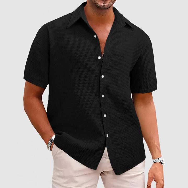 Men’s Short Sleeve Shirt - Relaxed Fit - Soft Waffle Knit - Button-Up Casual Style