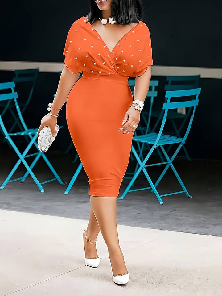 Women's Midi Dress - Fitted V-Neck - Short Sleeve Elegant Formal Wear