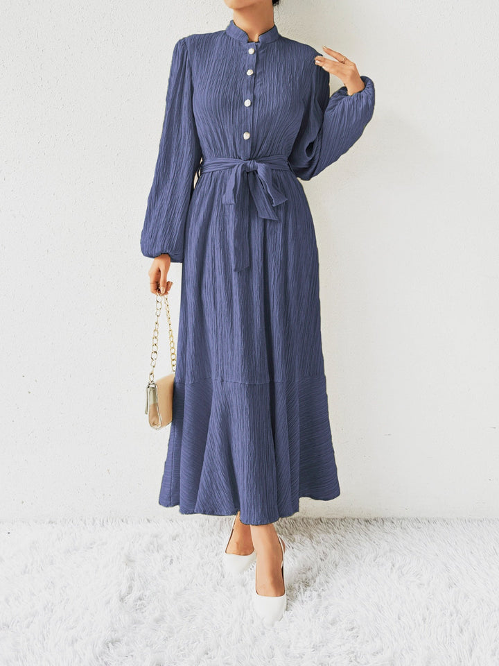 Women's Maxi Dress - Pleated Texture - Long Sleeve High Neck - Waist Tie Elegant Fit