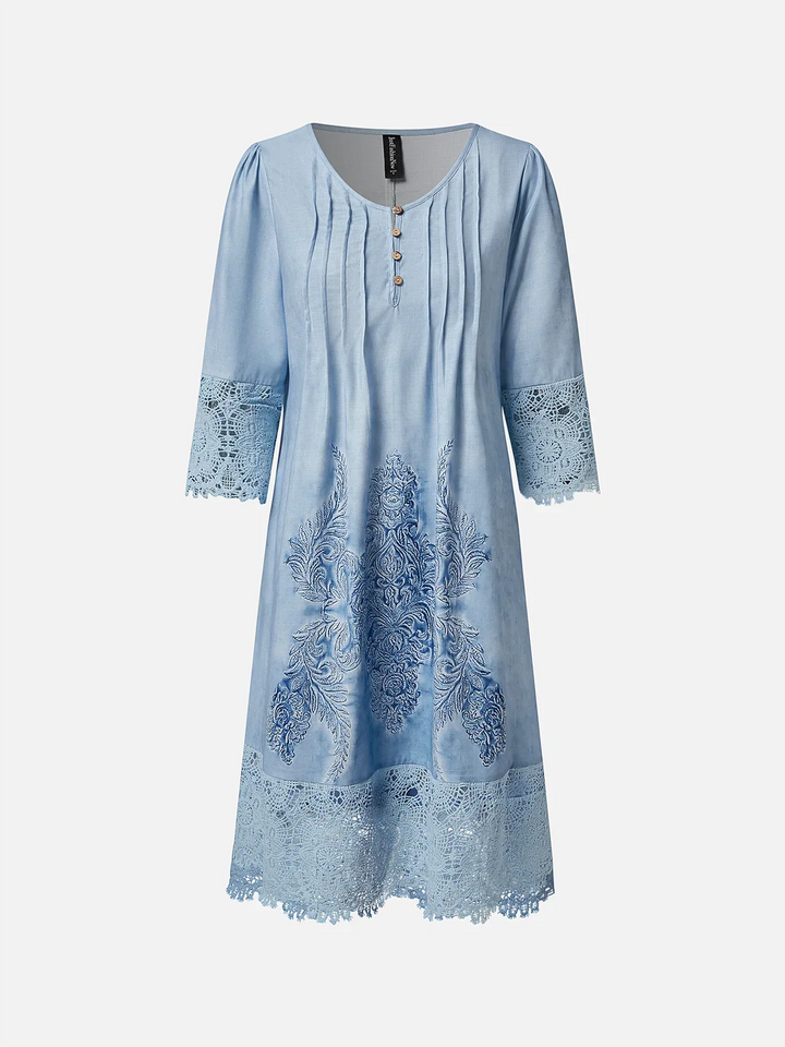 Women's A-Line Dress - V-Neck Button Front - 3/4 Sleeves Lace Detail - Embroidered Hem