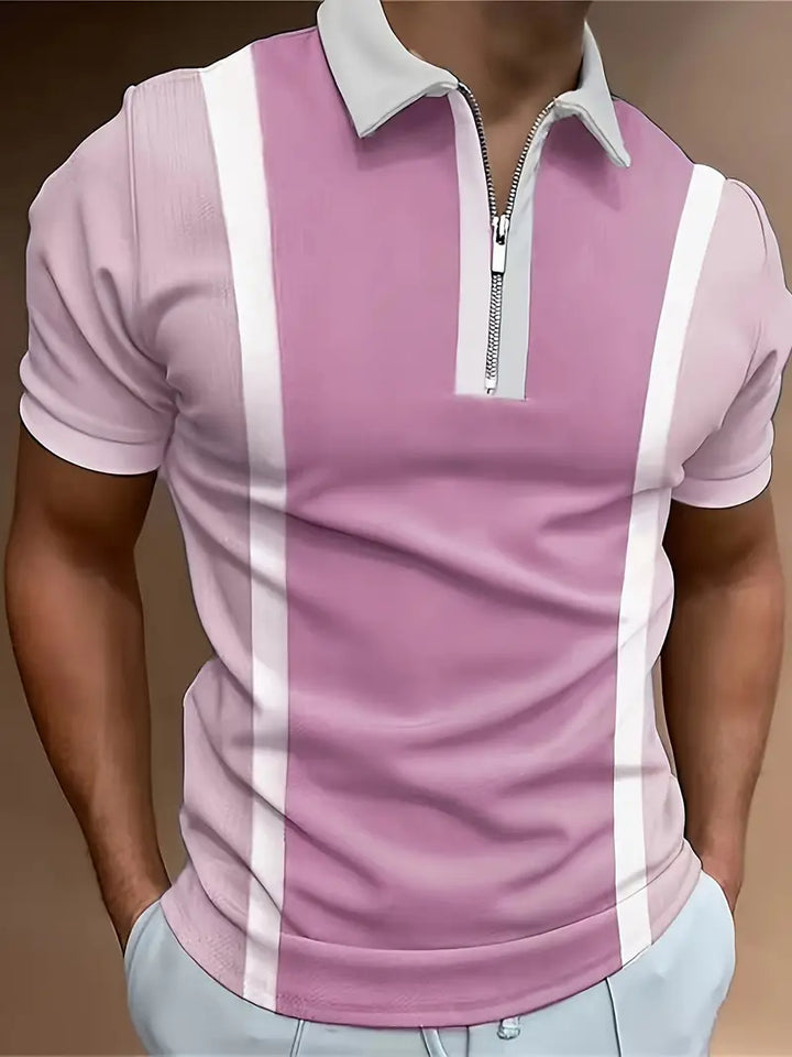 Men’s Polo Shirt - Half Zip - Short Sleeve Ribbed Cuffs - Vertical Stripe Casual Wear