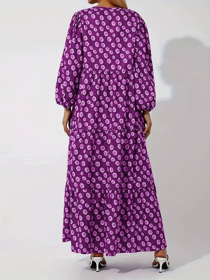 Women's Maxi Dress - Boho Diamond Pattern - V-Neck - Three-Quarter Sleeves - Flowy Fit