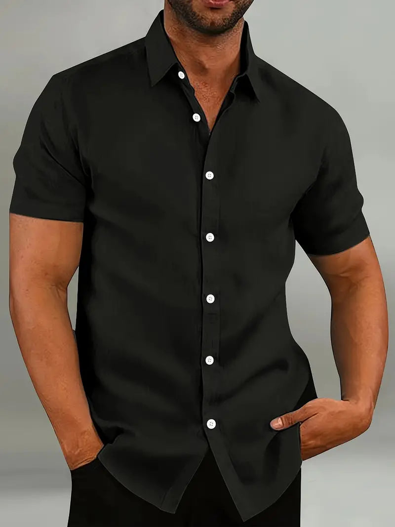 Men’s Button-Down Shirt - Tailored Fit - Short Sleeve - Natural Fibers - Casual Style