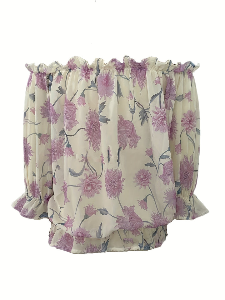 Women’s Off-Shoulder Blouse – Floral Print – Long Puff Sleeve – Tie Front – Casual Fit