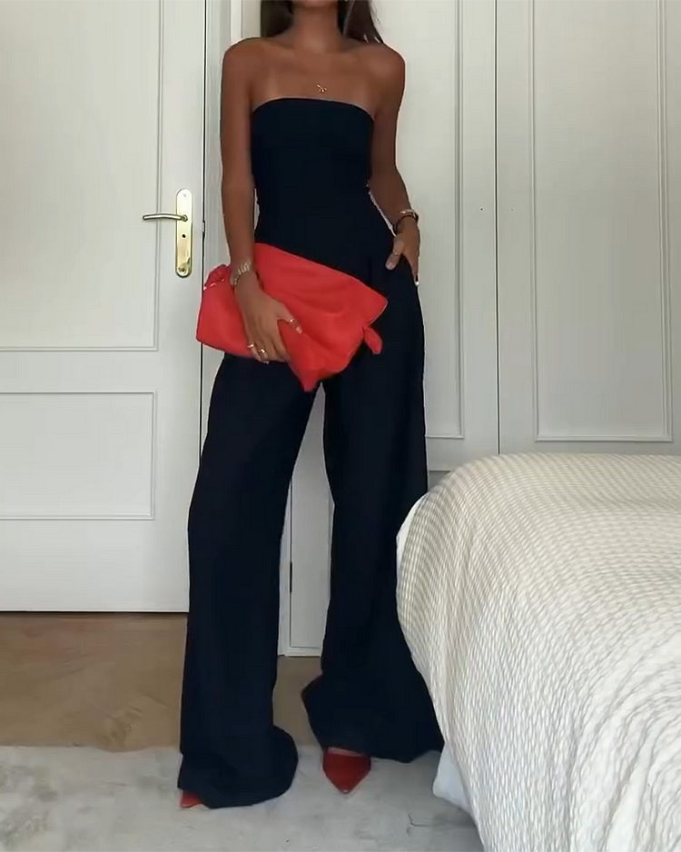 Women's Strapless Jumpsuit - Fitted Bodice - Wide-Leg - Lightweight Casual Wear