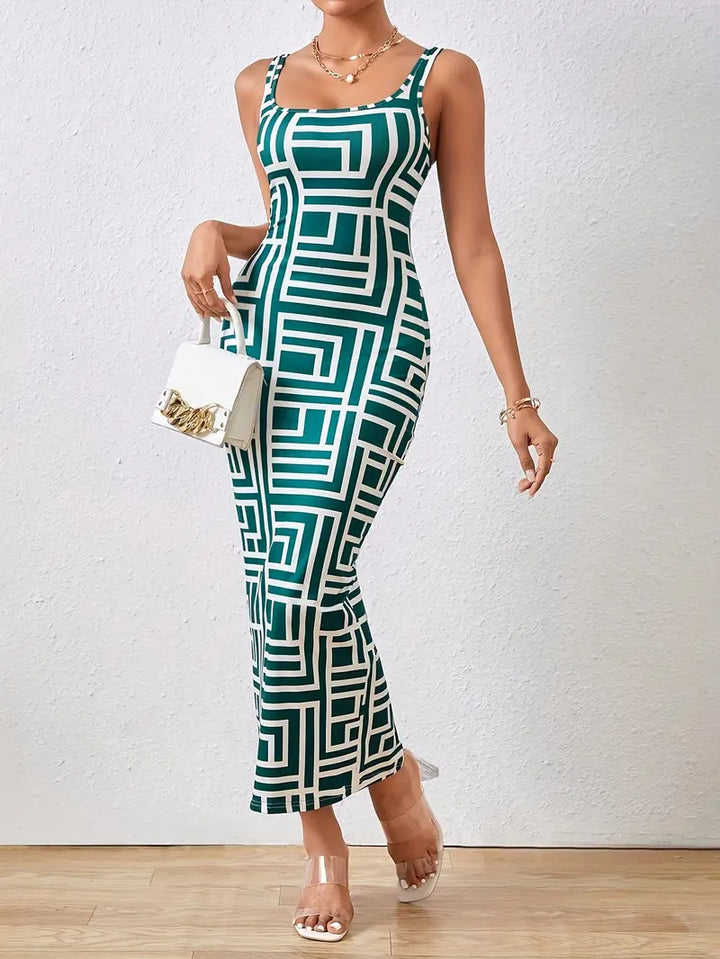 Women's Bodycon Dress - Geometric Pattern - Midi Length - Square Neck - Elegant Fit