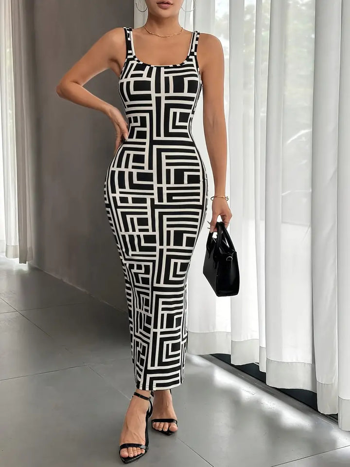 Women's Bodycon Dress - Geometric Pattern - Midi Length - Square Neck - Elegant Fit