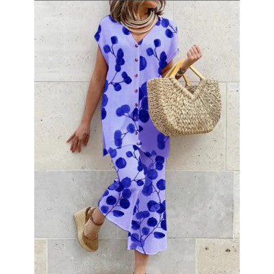 Women's Maxi Dress - Flowy Loose Fit - V-Neck Button Down - Short Sleeve Casual Wear