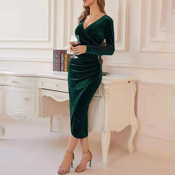 Women's Midi Dress - Velvet - V-Neck - Long Sleeve - Fitted Ruched Waist Elegant Style
