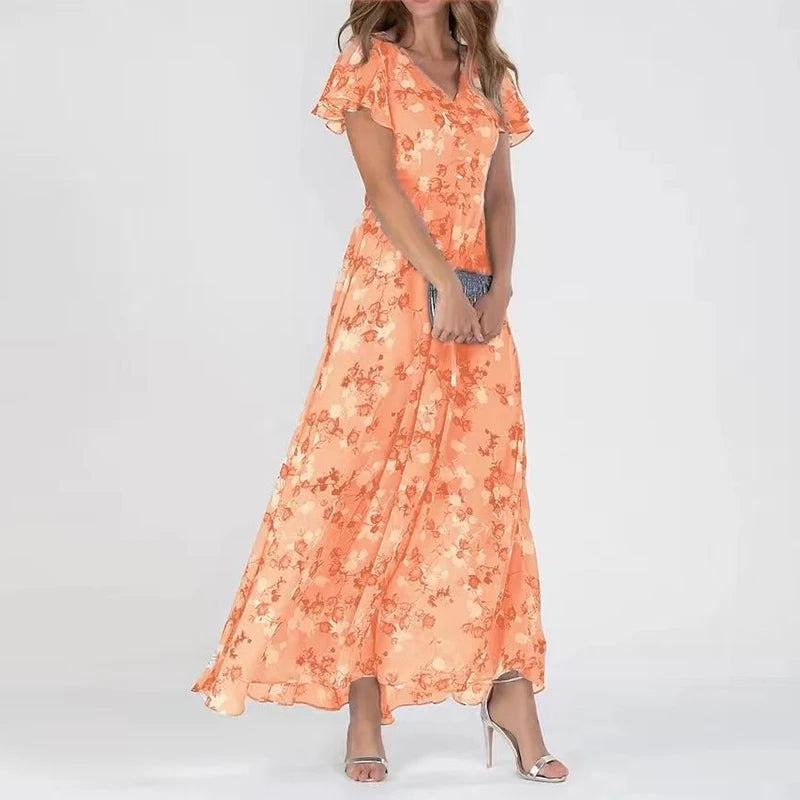 Women's Maxi Dress - Floral Print - V-Neck - Short Flutter Sleeves - Flowy Relaxed Fit