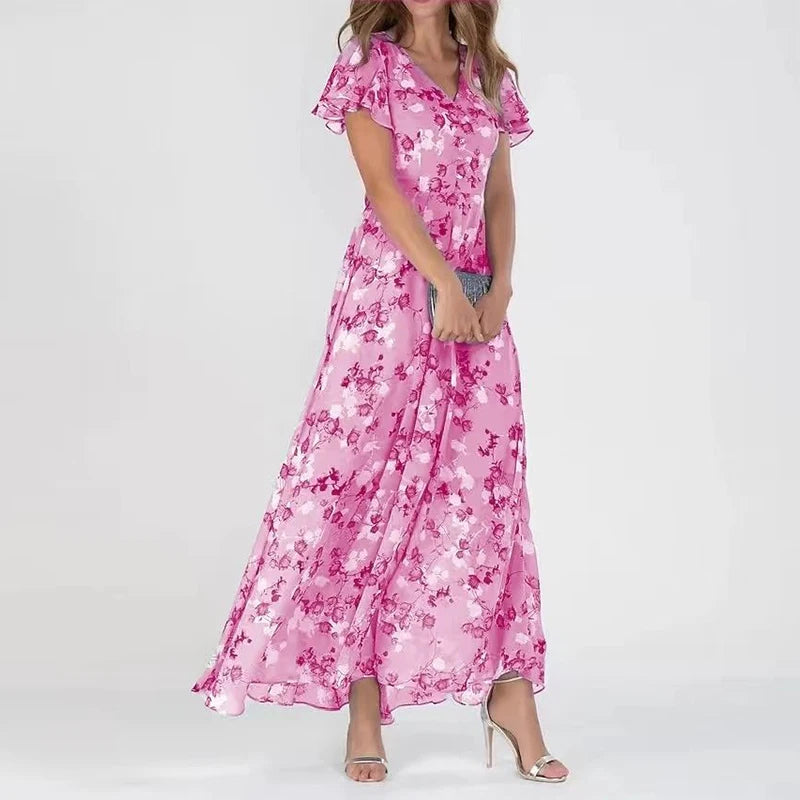 Women's Maxi Dress - Floral Print - V-Neck - Short Flutter Sleeves - Flowy Relaxed Fit
