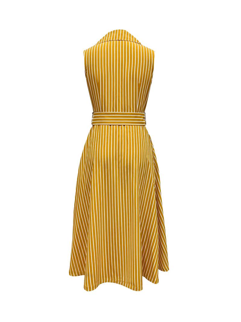 Women's Sleeveless Midi Dress - Vertical Striped A-Line - Lapel Collar - Belted Waist