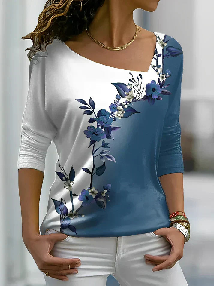 Women's Off-Shoulder Blouse - Asymmetrical Fit - 3/4 Sleeve Floral Print Casual Wear