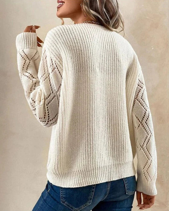 Women’s V-Neck Sweater – Soft Knit – Relaxed Fit – Lace Trim – Diamond Sleeve Detail