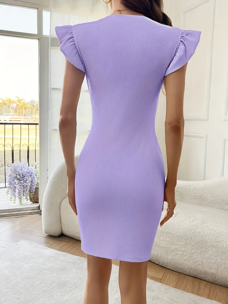 Women's Bodycon Dress - Ribbed Texture - Ruffled Cap Sleeves - Round Neck Sleeveless