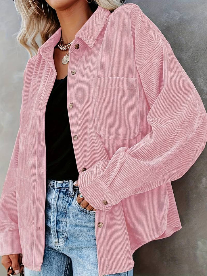 Women’s Corduroy Shirt - Oversized Fit - Long Sleeve Button-Up - Casual Ribbed Texture