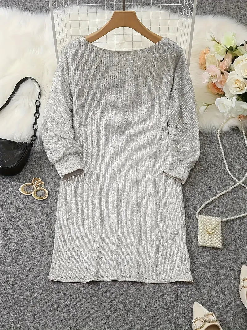 Women’s Mini Dress - Sequin Embellished - Loose Fit - Long Sleeve Elegant Party Wear