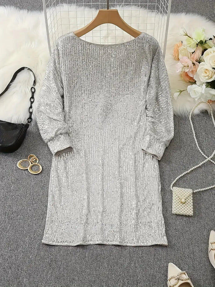 Women’s Mini Dress - Sequin Embellished - Loose Fit - Long Sleeve Elegant Party Wear