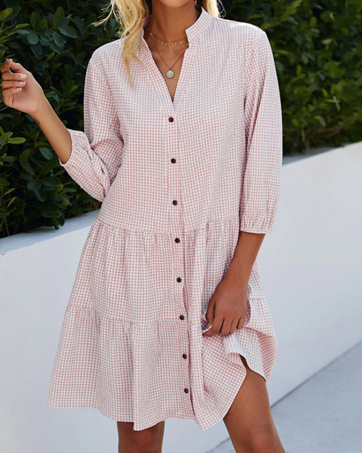 Women’s A-Line Dress – Natural Fibers – Checked Pattern – Tiered Hem – Button Front – 3/4 Sleeve