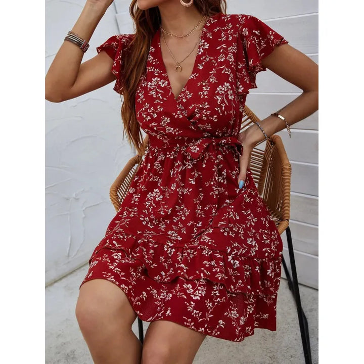 Women's Wrap Dress - Floral Print - Knee-Length - Short Flutter Sleeves - Adjustable Waist