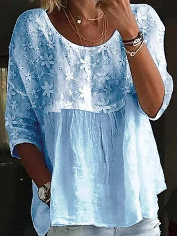 Women’s Loose Fit Shirt – Lace Embroidery – Crew Neck – Breathable Natural Fibers
