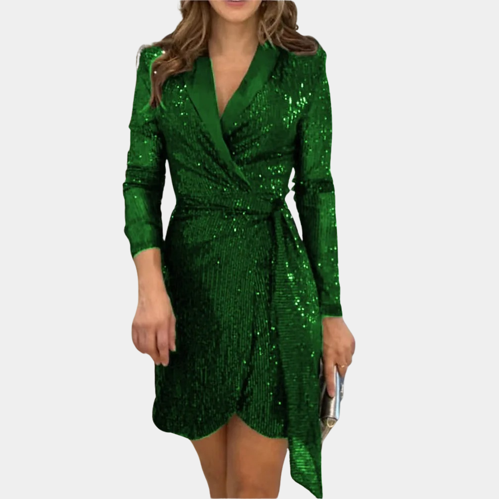 Women's Sequin Wrap Dress - V-Neck Lapel Collar - Long Sleeve - Elegant Party Wear