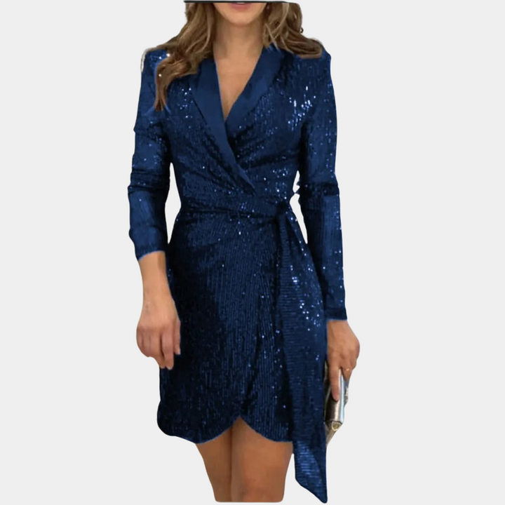 Women's Sequin Wrap Dress - V-Neck Lapel Collar - Long Sleeve - Elegant Party Wear
