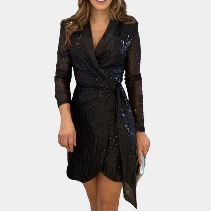Women's Sequin Wrap Dress - V-Neck Lapel Collar - Long Sleeve - Elegant Party Wear